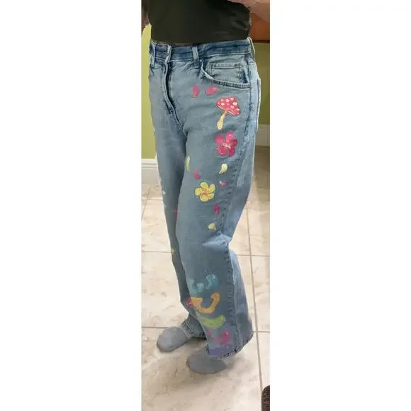 Wild Fable High Rise Dad Jean Artsy painted boho wide leg denim jeans 4 baggy - Picture 5 of 8
